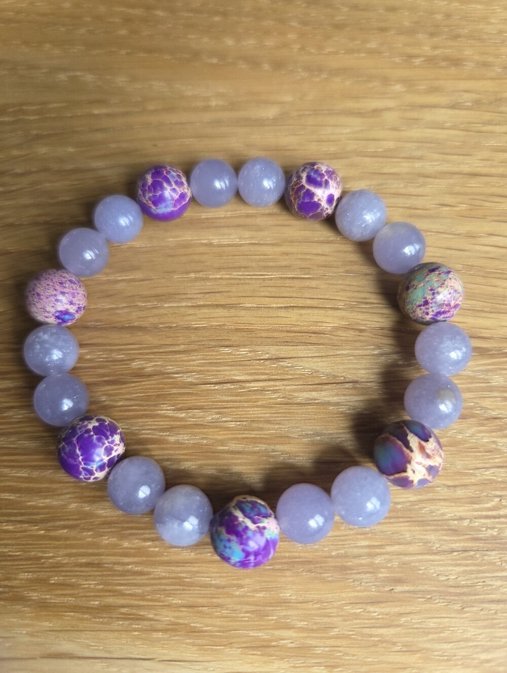 Hand Crafted Lavender Lepidolite and Sea Sediment Jasper Beads Stretch Bracelet - Picture 3 of 11